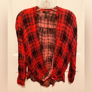 Bloomingdale’s Aqua red plaid wrap top